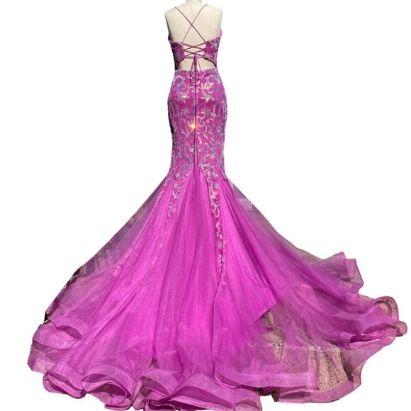 Clarisse Sparkle V-Neck Mermaid Prom Maxi Gown Fuchsia Magenta 800227 Size 4 NWT - Picture 2 of 6